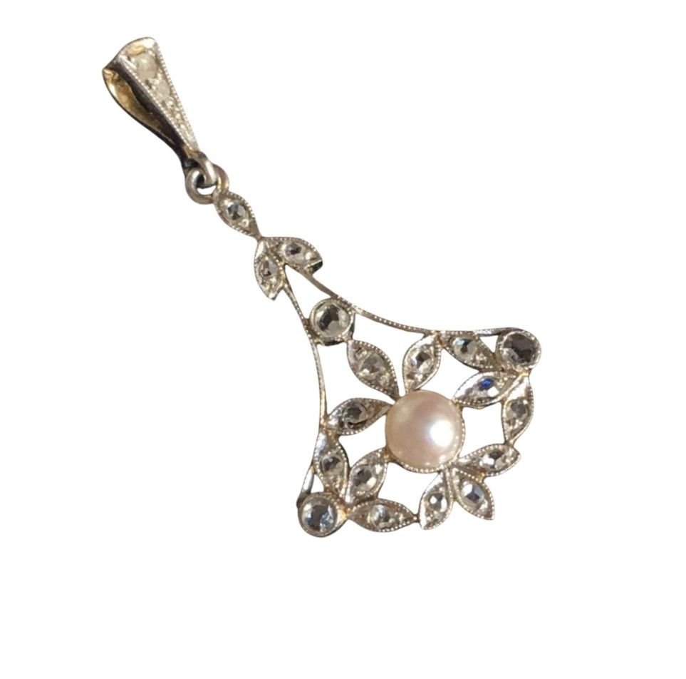 Pendentif Belle Époque en or 18K perle et diamants - Castafiore