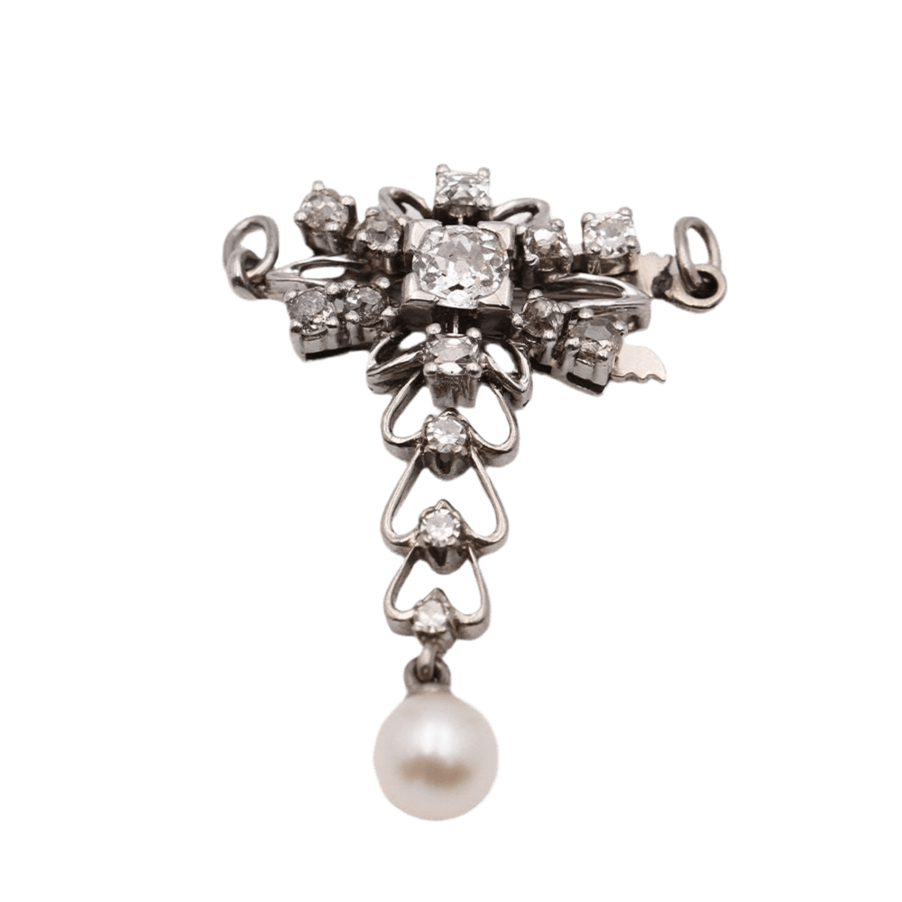 Pendentif Belle Époque en or blanc, perles et diamants - Castafiore