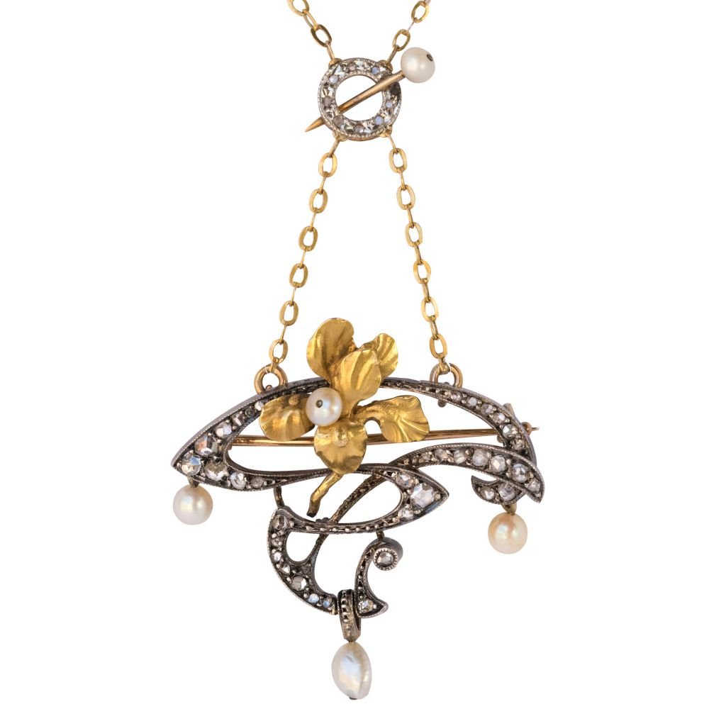 Pendentif - Broche Art nouveau Diamants et Perles - Castafiore