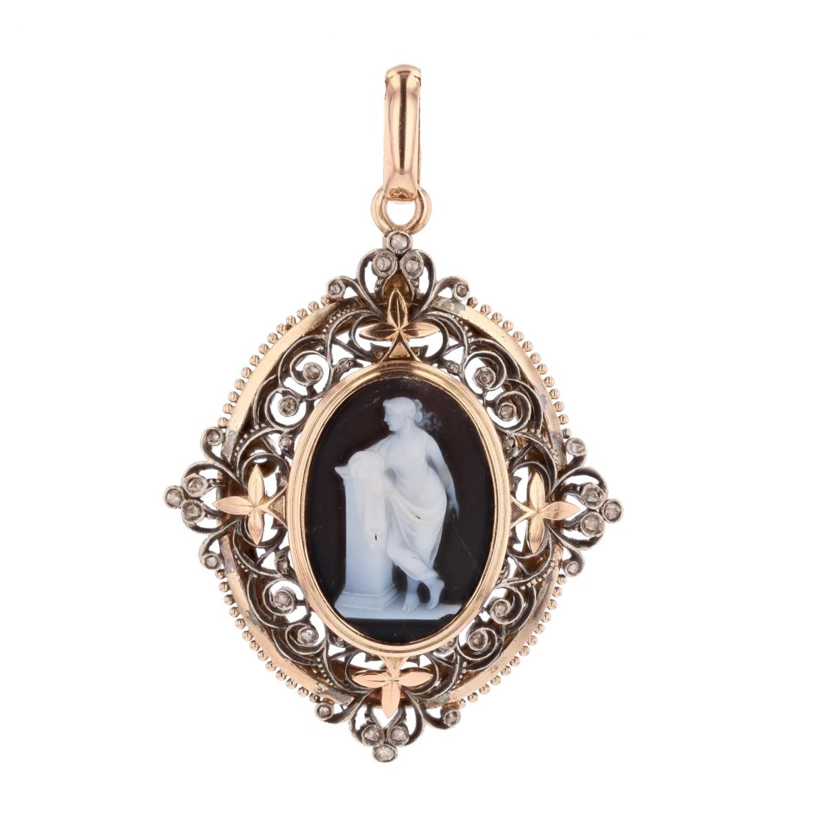 Antique cameo and brooch pendant diamonds cut in pink