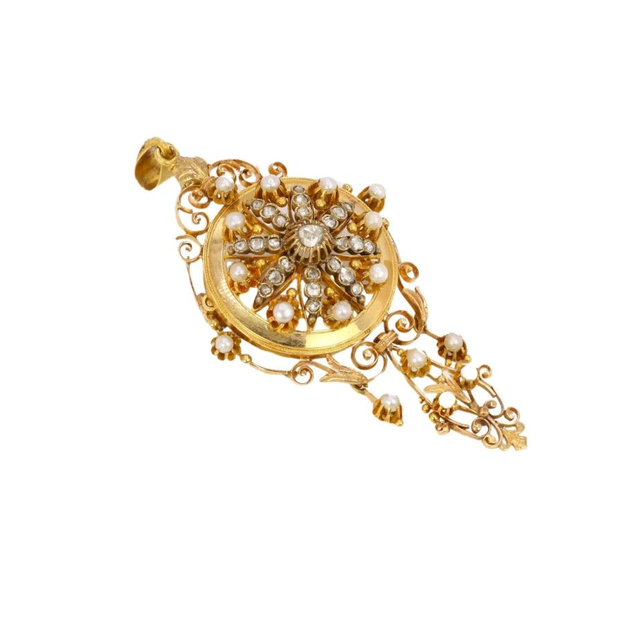 Pendentif Broche Napoléon III en or, diamants et perles fines - Castafiore