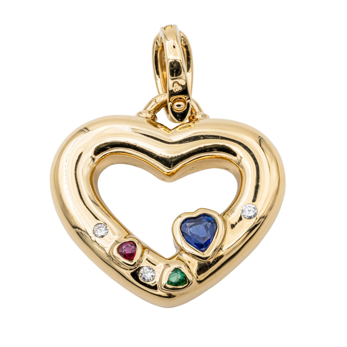 Pendentif Coeur en or jaune, saphir, rubis, émeraude et diamants - Castafiore