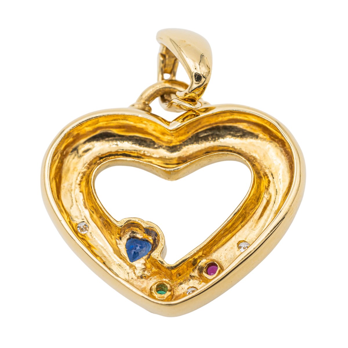 Pendentif Coeur en or jaune, saphir, rubis, émeraude et diamants - Castafiore