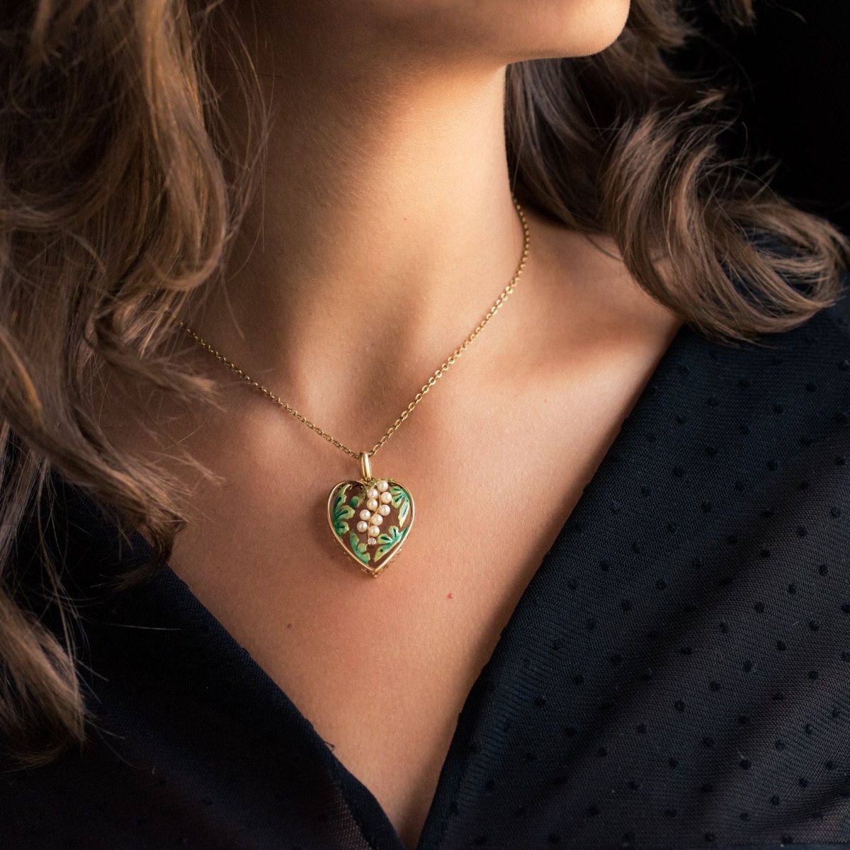 Pendentif COEUR Perles et émail en or jaune - Castafiore