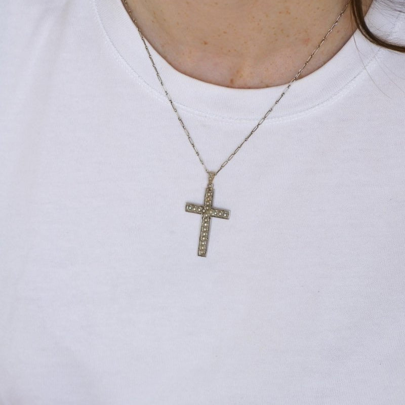 Pendentif Croix Art Déco Perles et Diamants - Castafiore