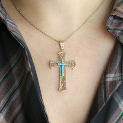 Pendentif croix Art Nouveau or jaune turquoises - Castafiore