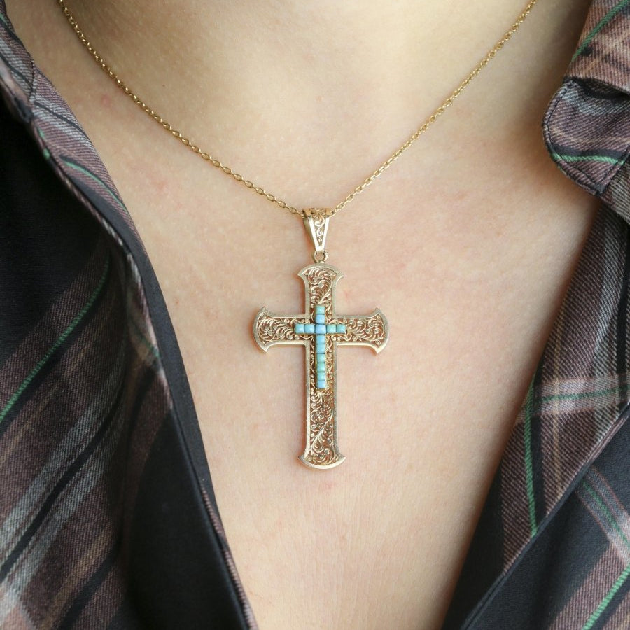 Pendentif croix Art Nouveau or jaune turquoises - Castafiore