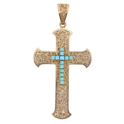 Pendentif croix Art Nouveau or jaune turquoises - Castafiore