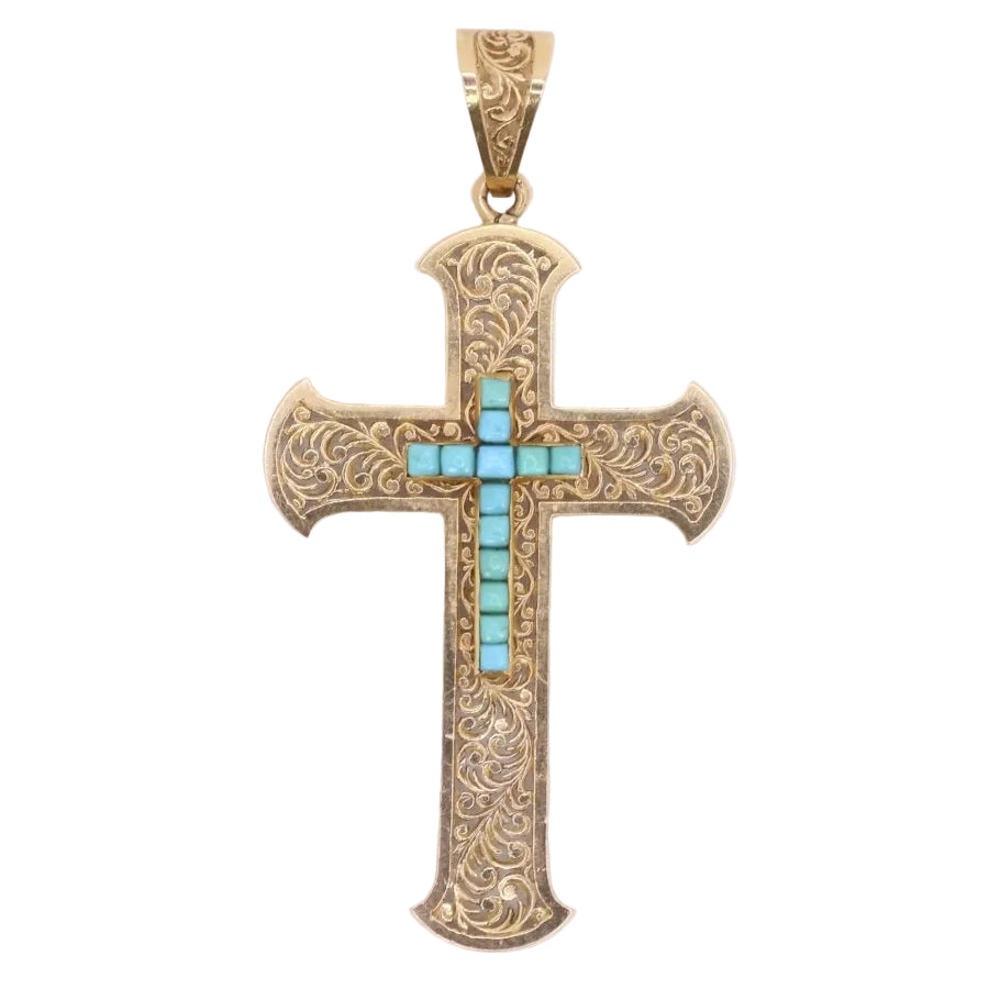 Pendentif croix Art Nouveau or jaune turquoises - Castafiore