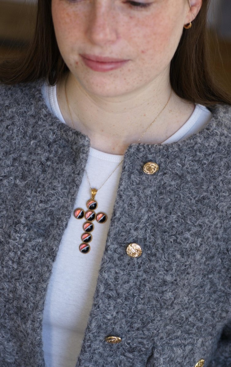 Pendentif Croix Cabochon d'Agate sur Or jaune - Castafiore