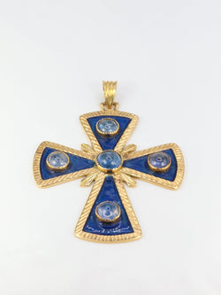 Pendentif croix pectorale or jaune émail cabochons de saphirs - Castafiore