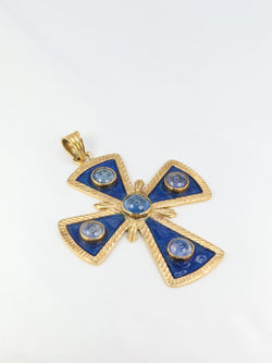 Pendentif croix pectorale or jaune émail cabochons de saphirs - Castafiore