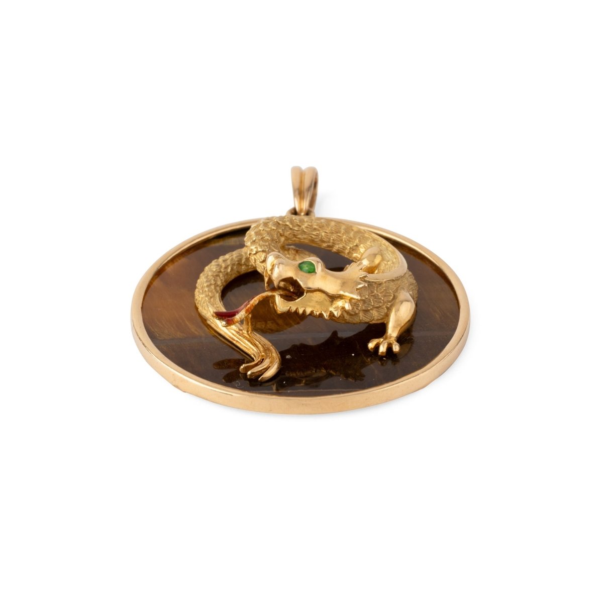 Pendentif Dragon en or jaune, œil - de - tigre et émail - Castafiore