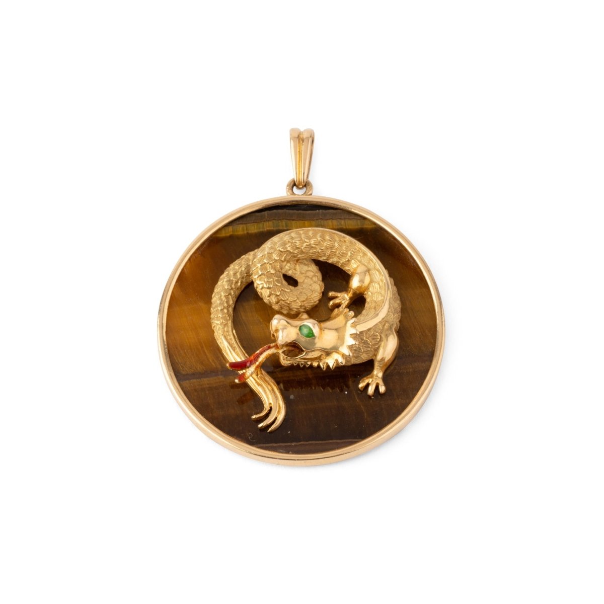 Pendentif Dragon en or jaune, œil - de - tigre et émail - Castafiore