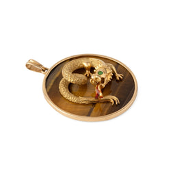 Pendentif Dragon en or jaune, œil - de - tigre et émail - Castafiore