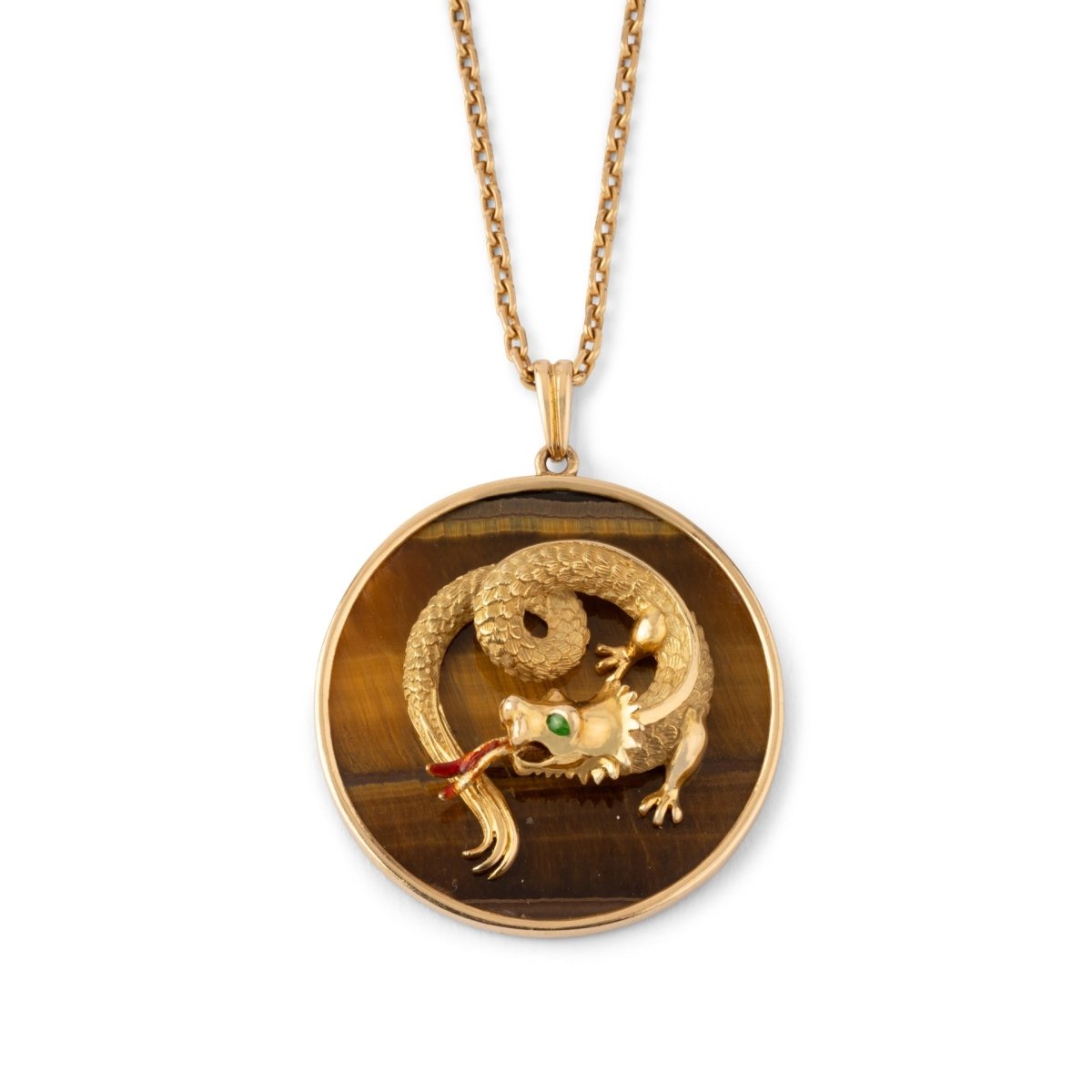 Pendentif Dragon en or jaune, œil - de - tigre et émail - Castafiore