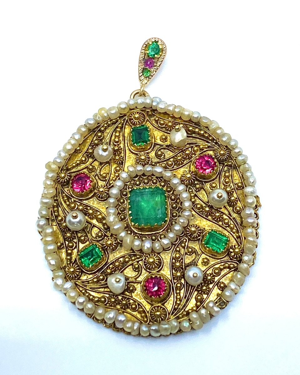 Pendentif en or jaune 18 carats, émeraude et perles - Castafiore