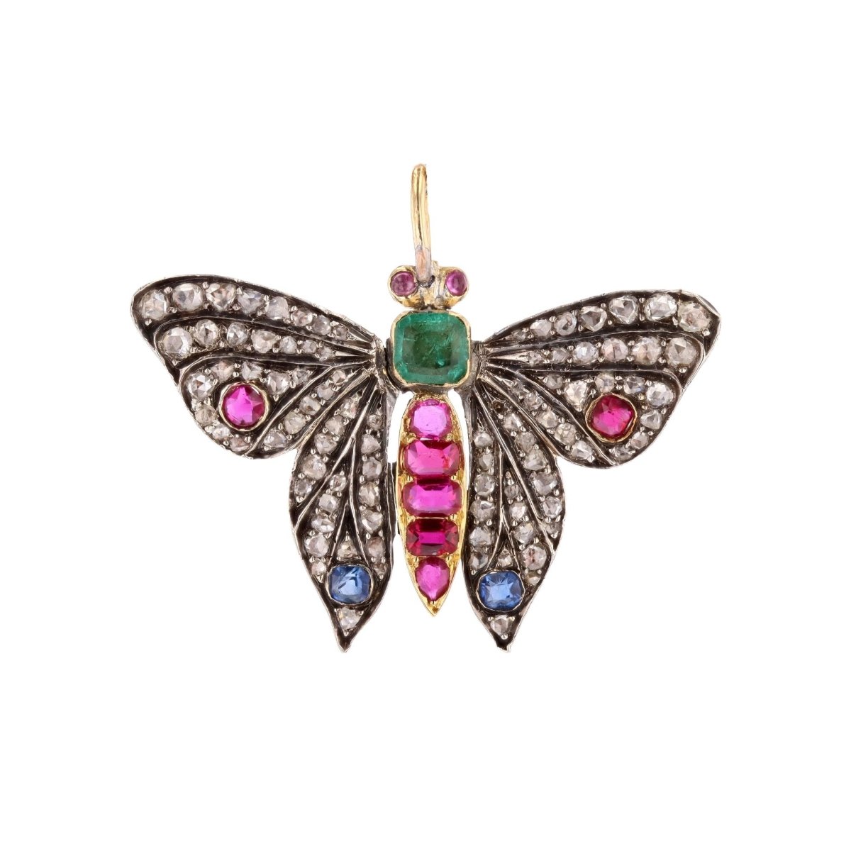 Pendentif en or jaune, argent, émeraude, rubis, saphirs et diamants - Castafiore
