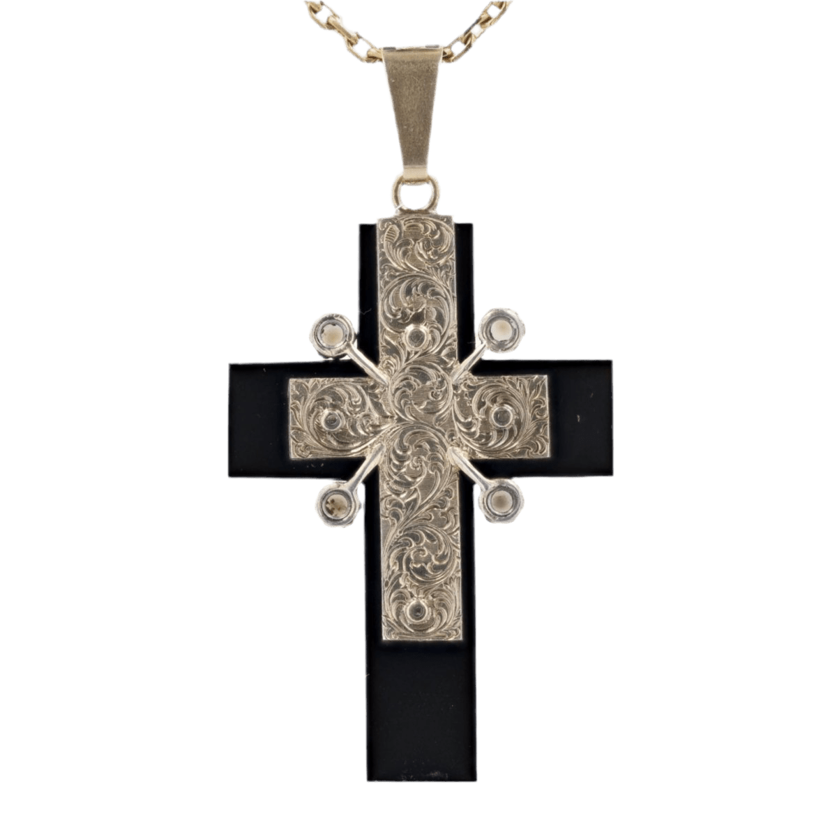 Pendentif en or jaune, argent, onyx, perles et diamants - Castafiore