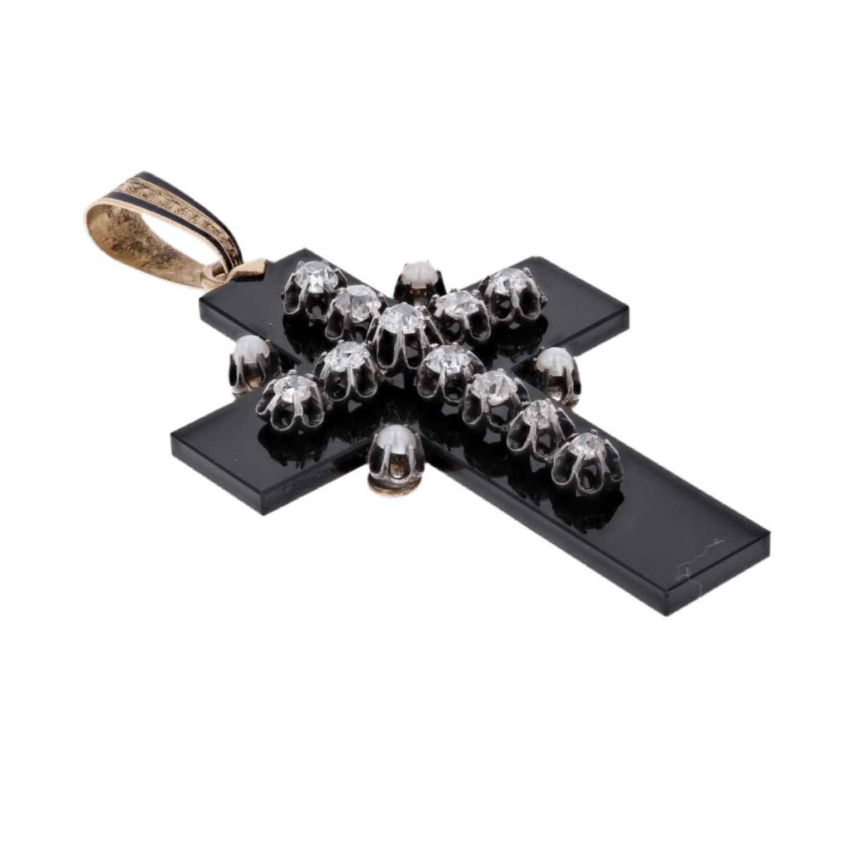 Pendentif en or jaune, argent, onyx, perles et diamants - Castafiore