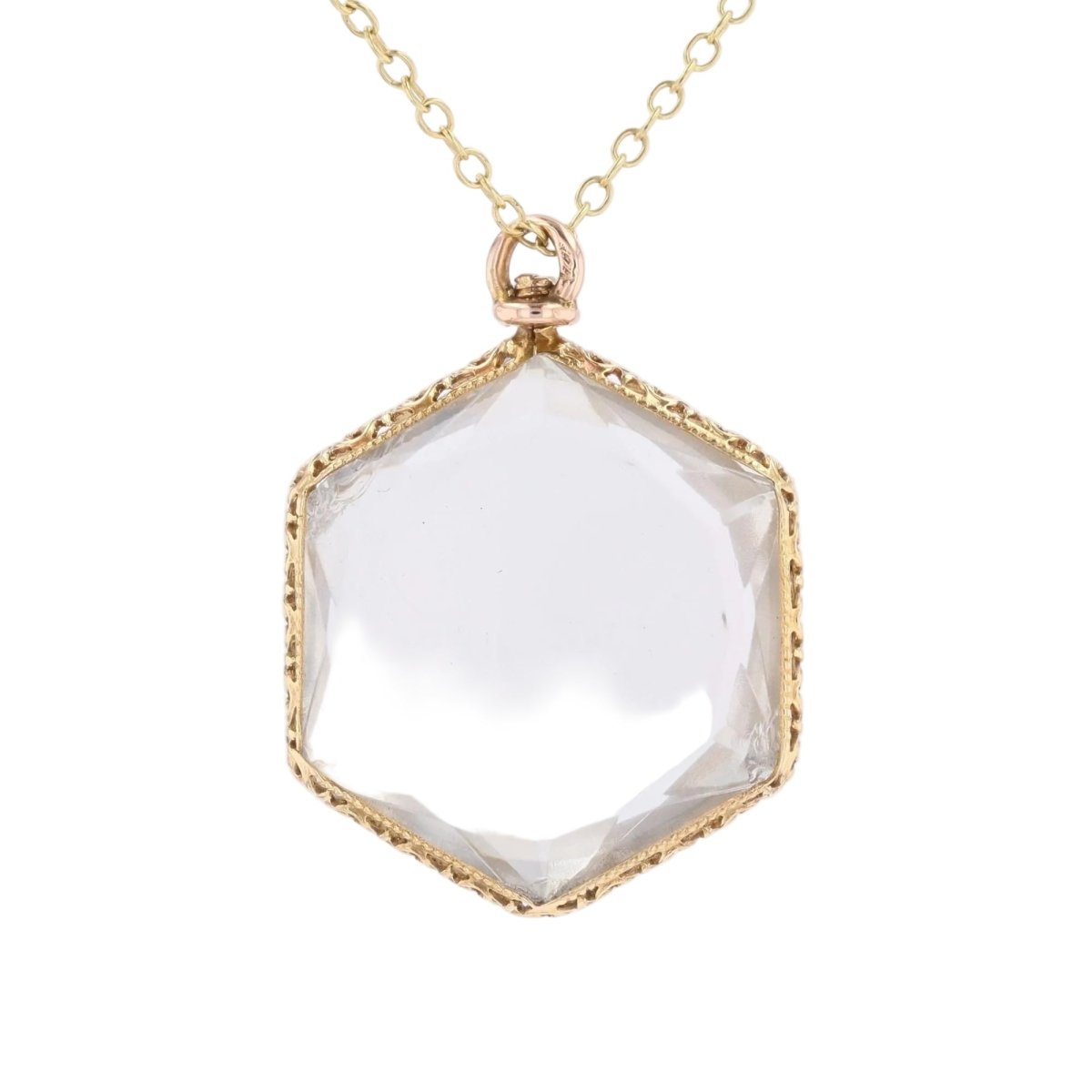 Hexagonal glass pendant yellow gold chiseled