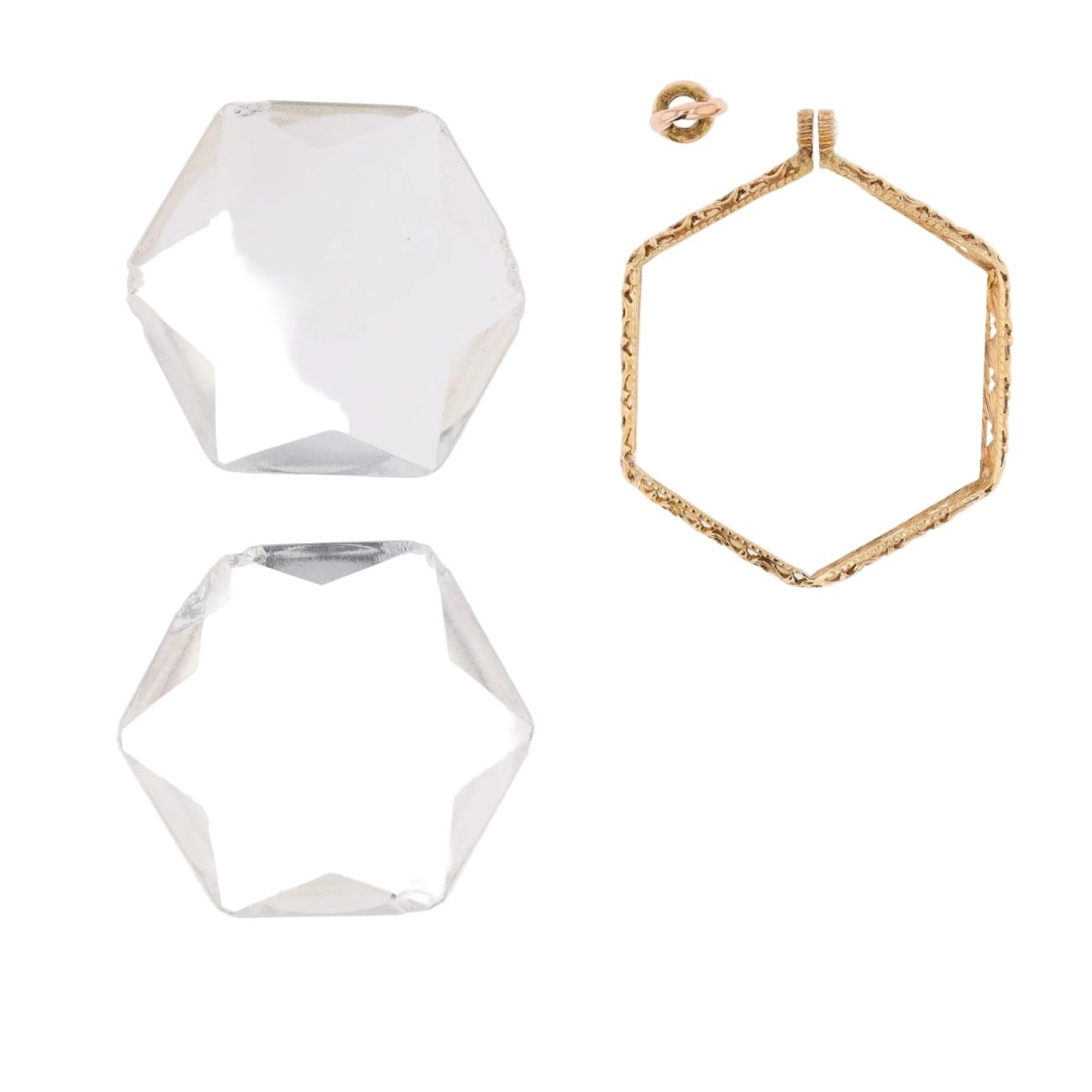 Hexagonal glass pendant yellow gold chiseled