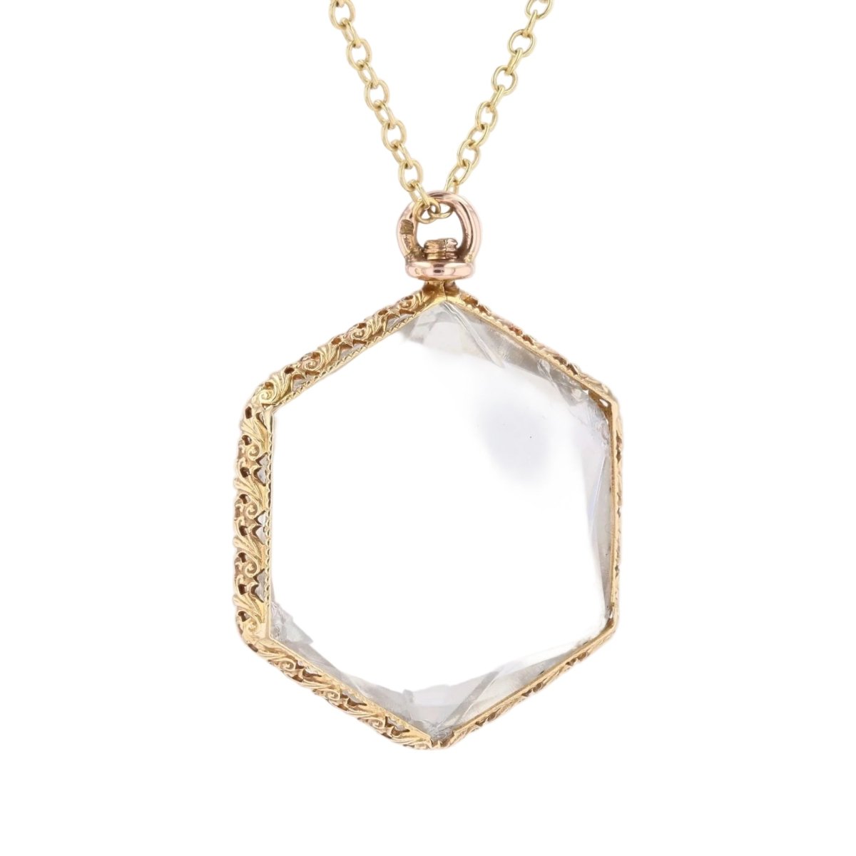 Hexagonal glass pendant yellow gold chiseled