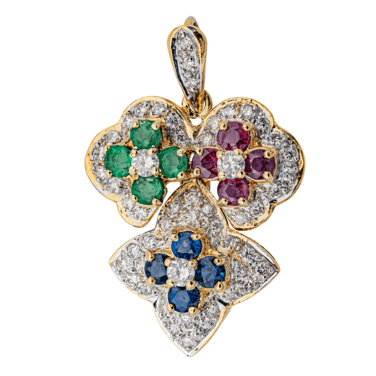 Pendentif en or jaune, or blanc, rubis, saphirs, émeraudes et diamants - Castafiore