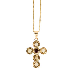 Pendentif et chaîne croix en or jaune, perle et grenat - Castafiore