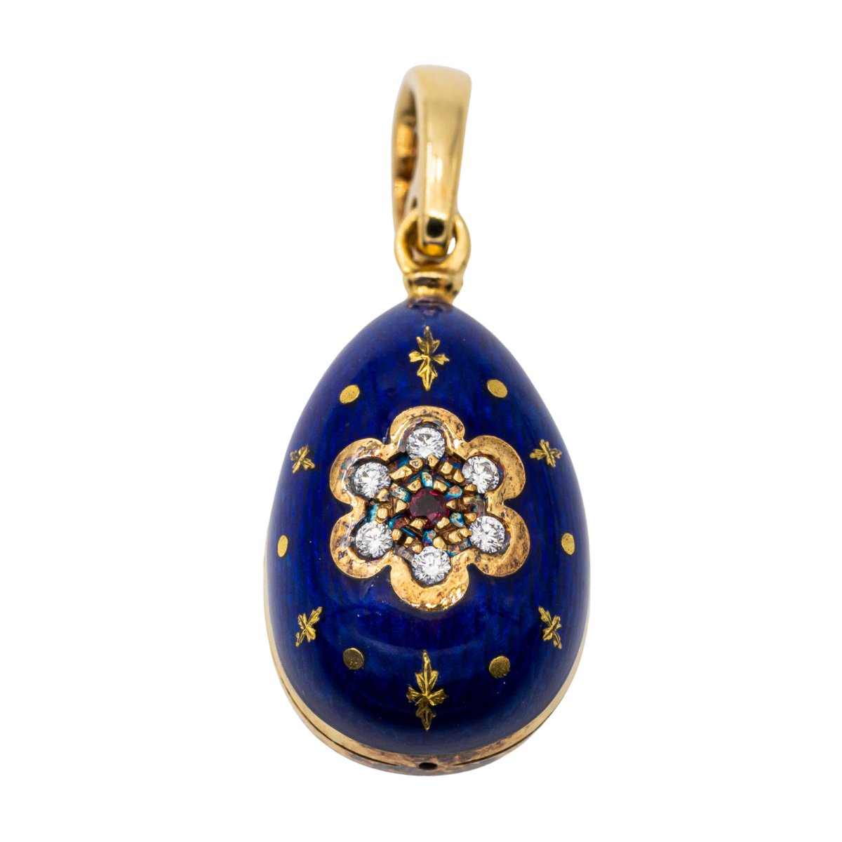 Pendentif FABERGÉ "Œuf" en or jaune, émail, rubis et diamant - Castafiore