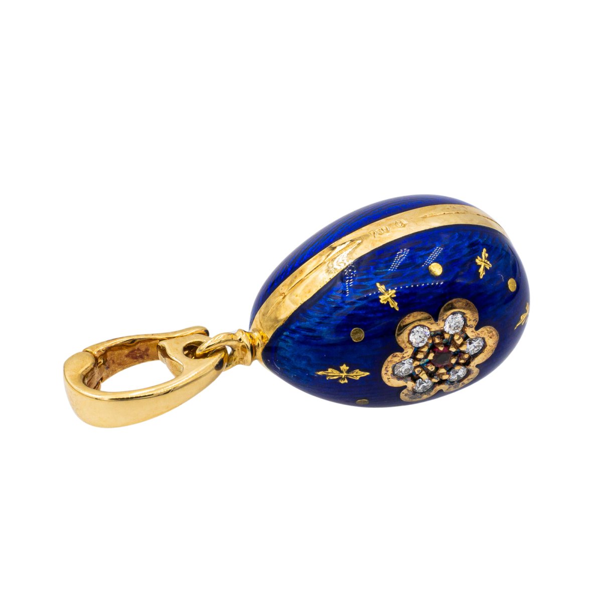 Pendentif FABERGÉ "Œuf" en or jaune, émail, rubis et diamant - Castafiore