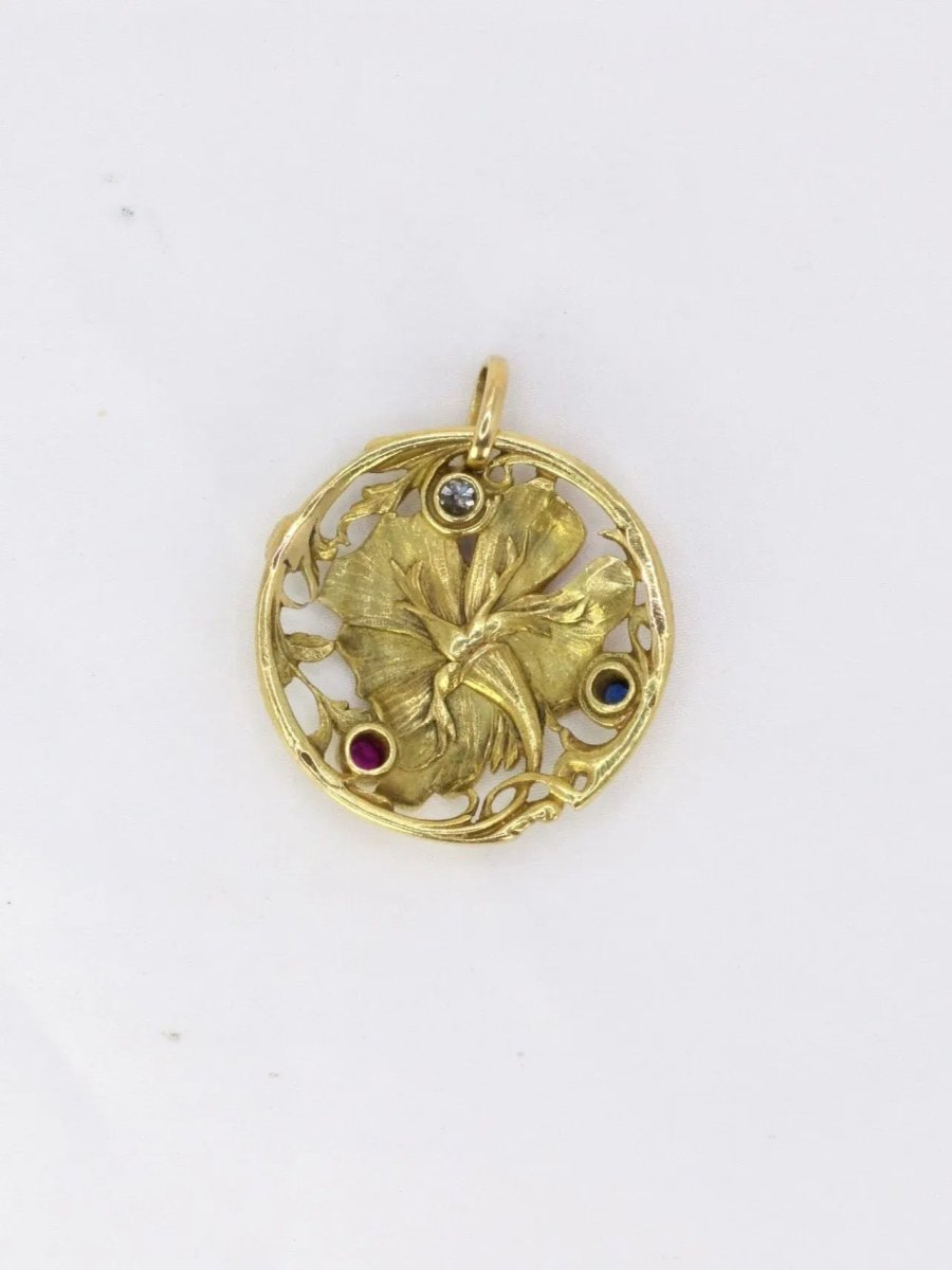 Pendentif fleur Art - Nouveau émail diamant saphir rubis - Castafiore