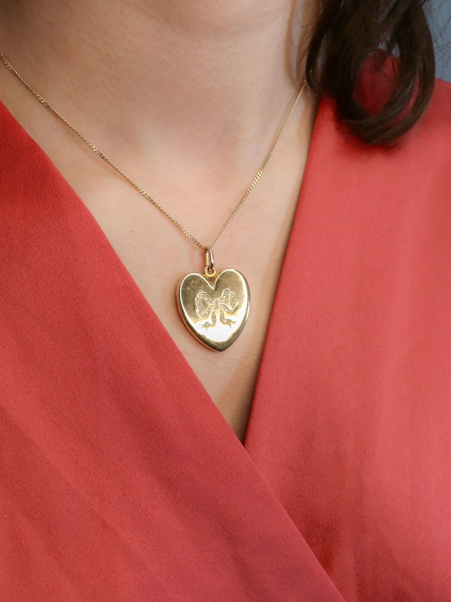 Pendentif porte photo coeur Art Nouveau or jaune diamants taille rose - Castafiore