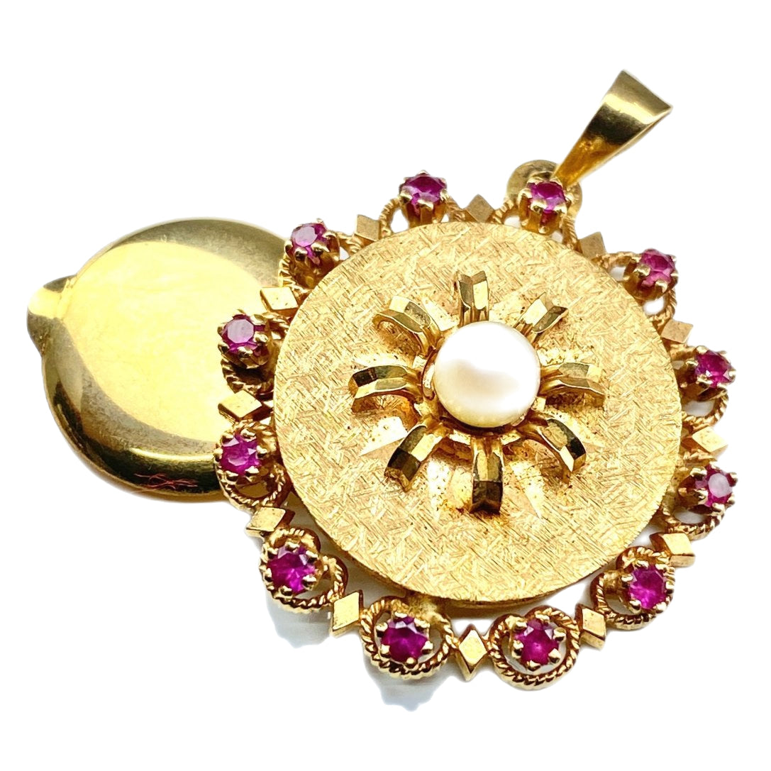 Pendentif porte photo en or 18 carats en perle et pierres rouges - Castafiore