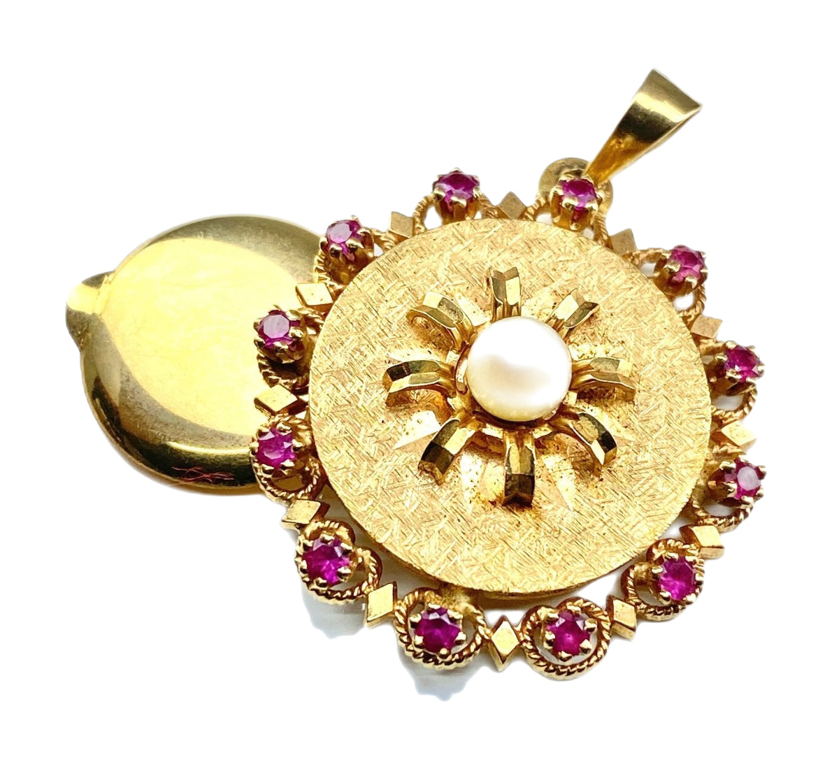 Pendentif porte photo en or 18 carats en perle et pierres rouges - Castafiore