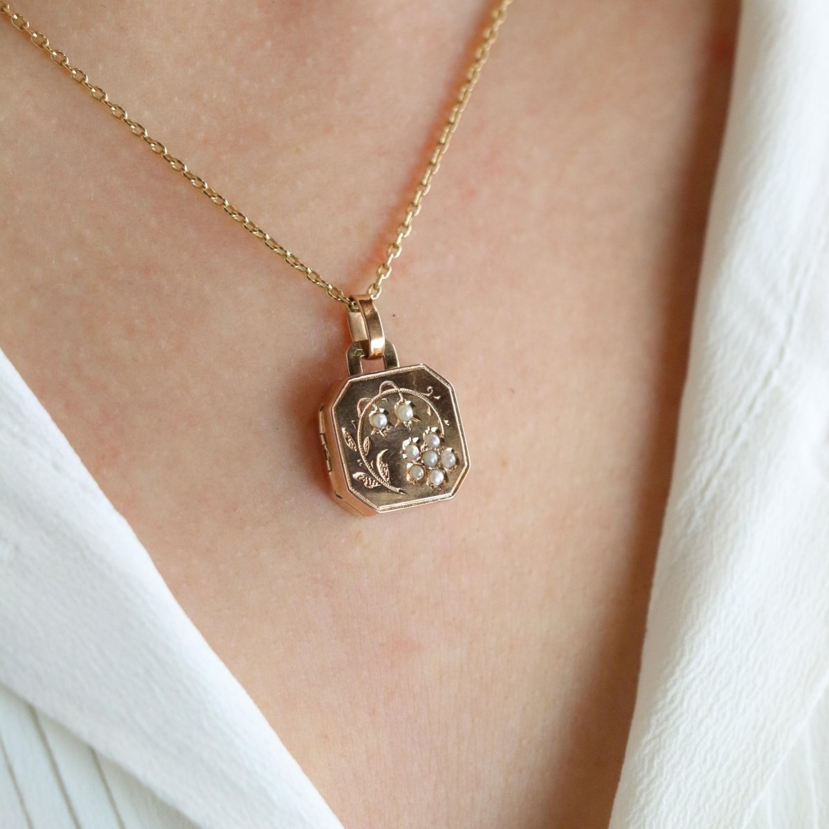 Pendentif porte photo en or rose et perles fines - Castafiore