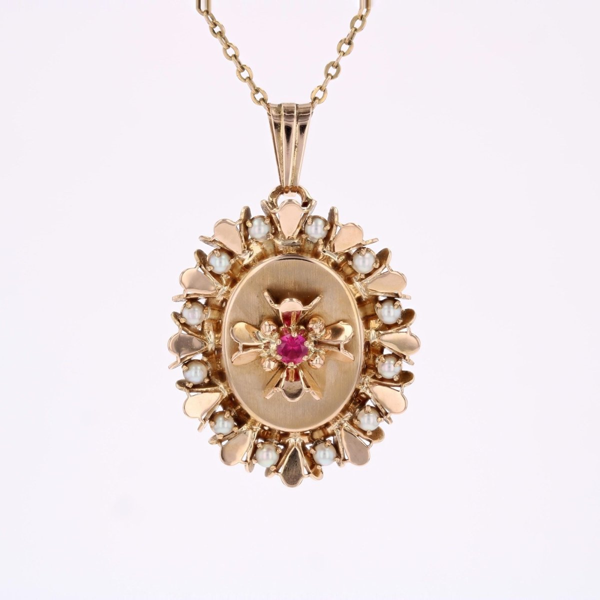 Pendentif rétro en or jaune perles de culture et rubis de synthèse - Castafiore