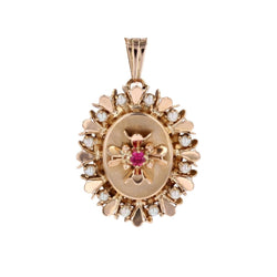 Pendentif rétro en or jaune perles de culture et rubis de synthèse - Castafiore