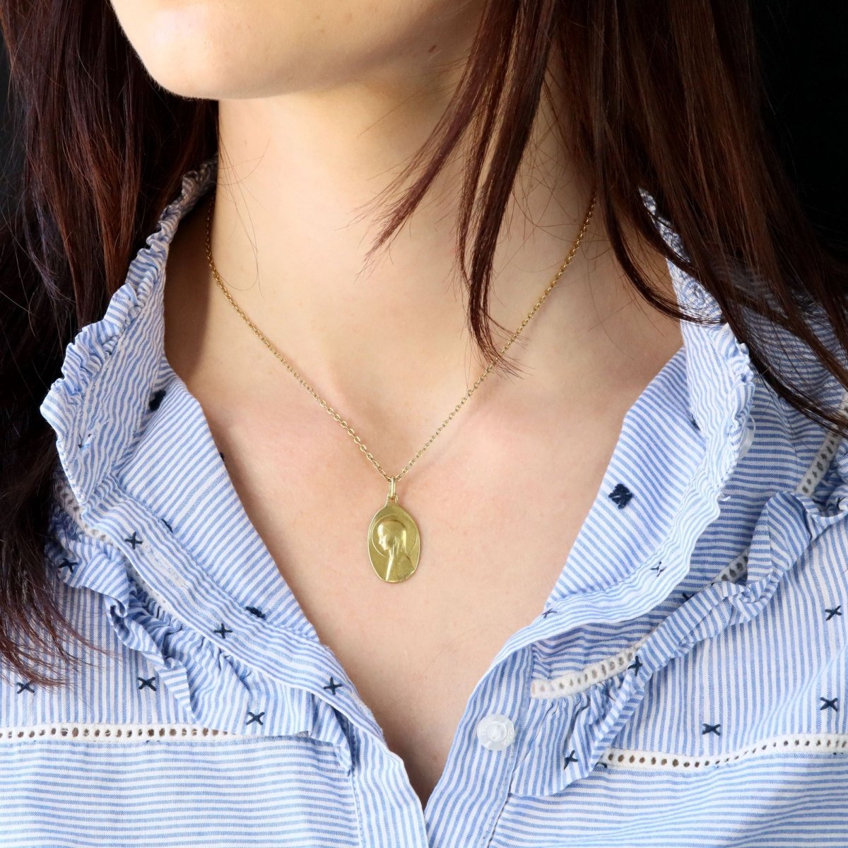 Virgin Mary oval medal yellow gold