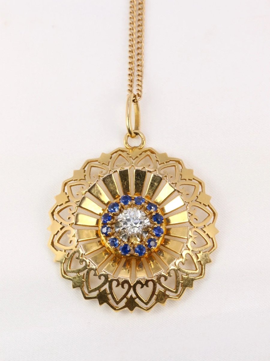 Pendentif rond vintage en or jaune, diamant et saphirs - Castafiore