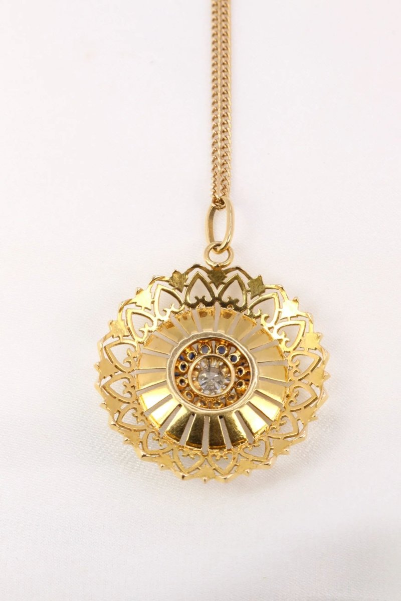 Pendentif rond vintage en or jaune, diamant et saphirs - Castafiore