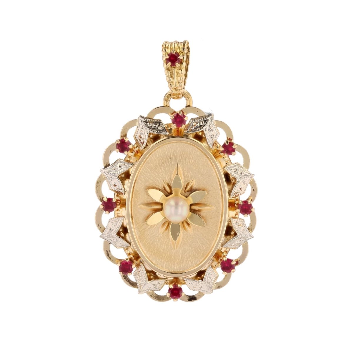 Pendentif vintage en or jaune et blanc perle de culture et rubis de synthèse - Castafiore