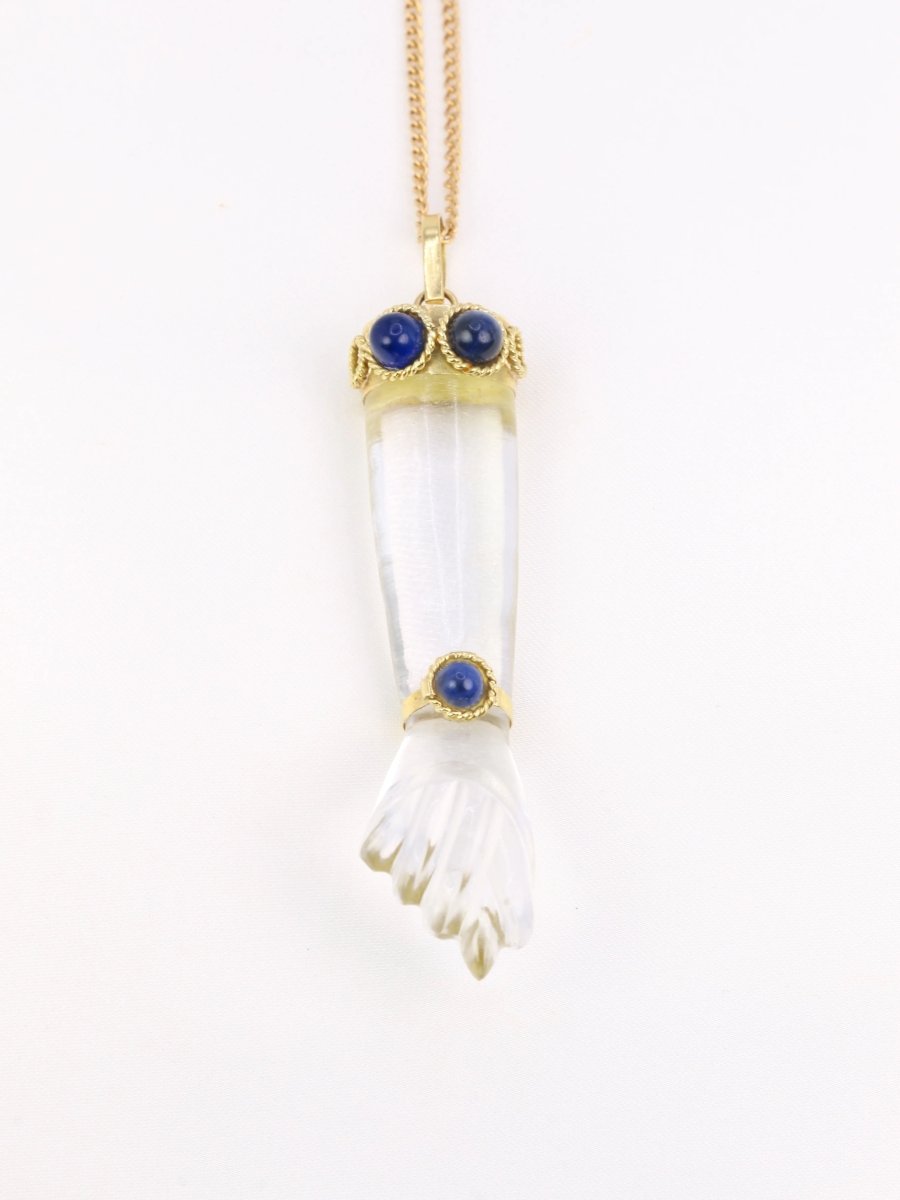 Pendentif vintage Main de Figa en or, cristal de roche et lapis - lazuli - Castafiore