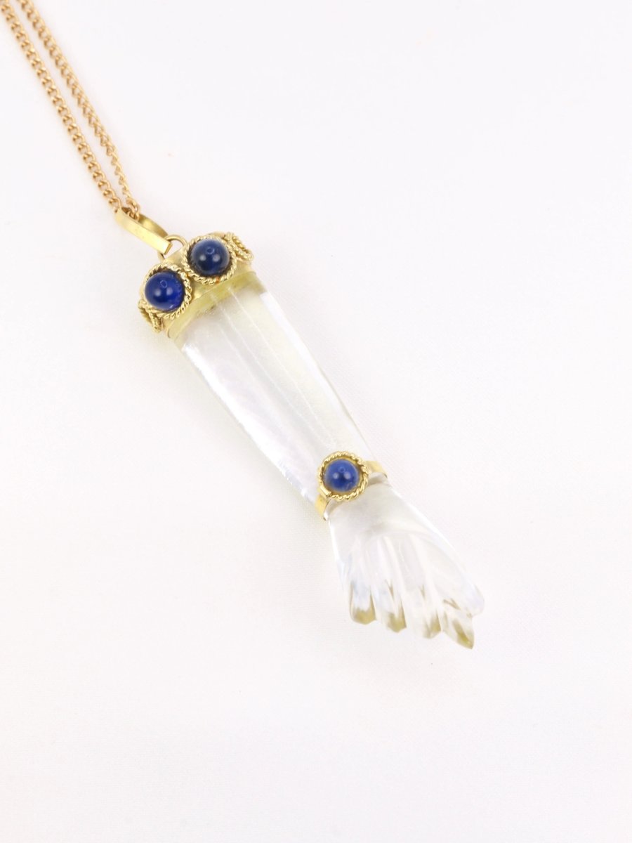 Pendentif vintage Main de Figa en or, cristal de roche et lapis - lazuli - Castafiore