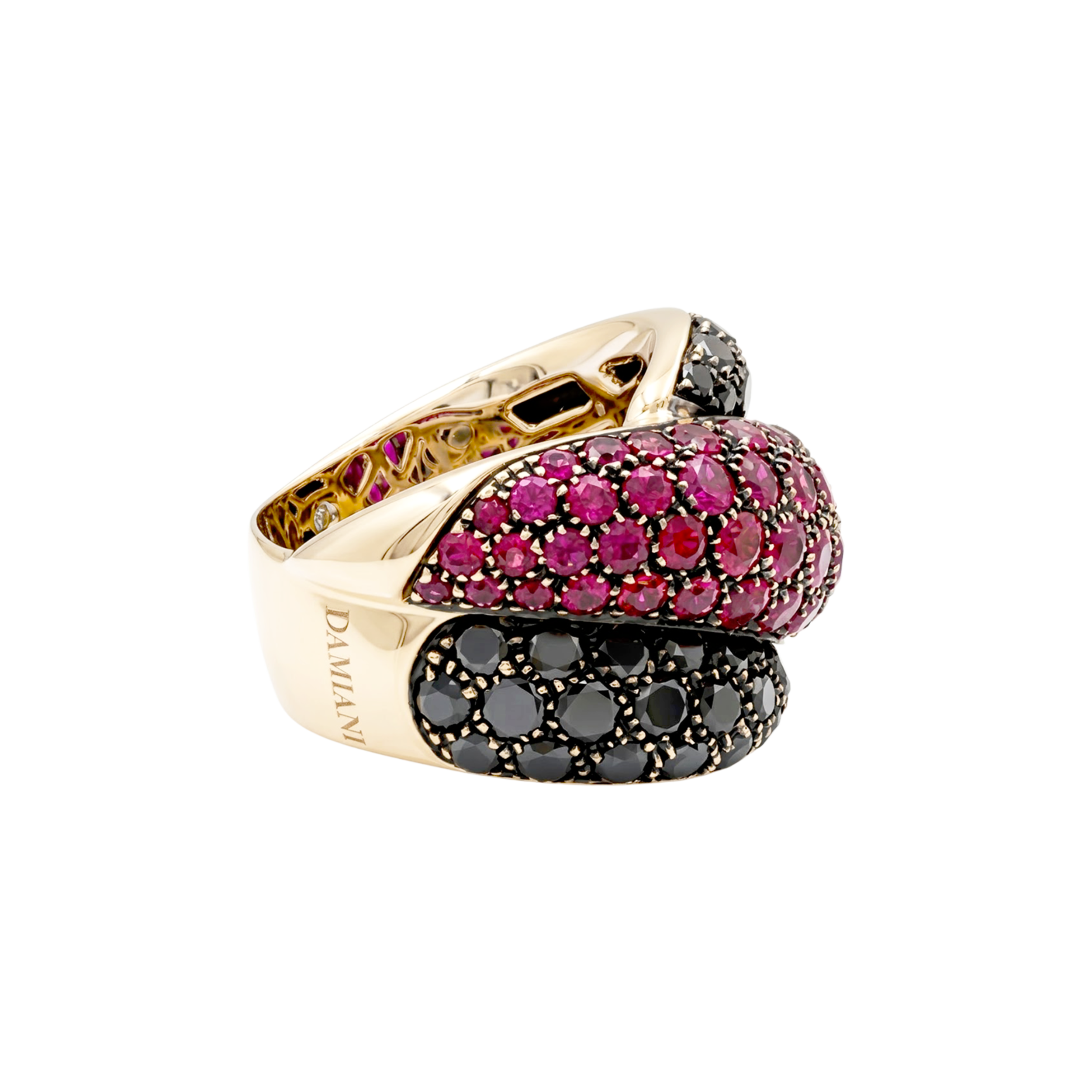 Bague Damiani «Gomitolo», diamants noirs et rubis.