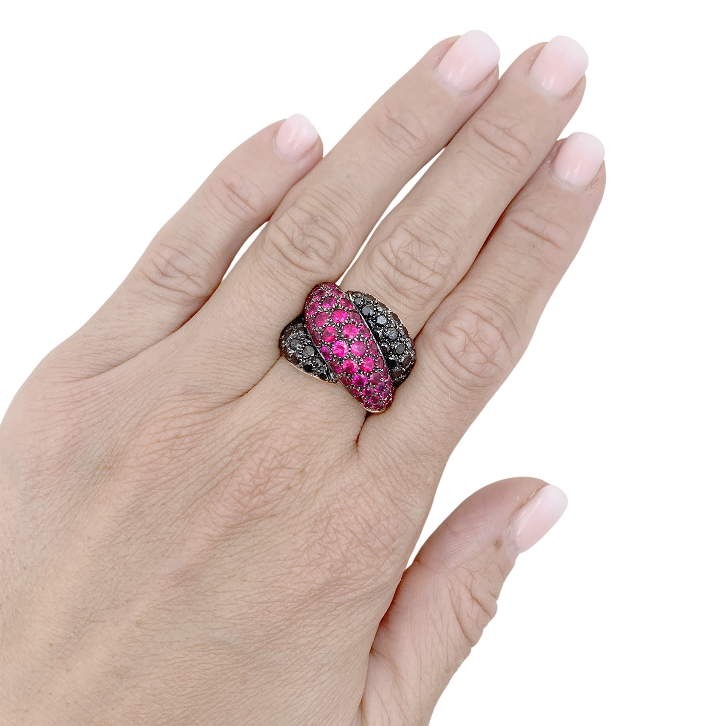 Bague Damiani «Gomitolo», diamants noirs et rubis.