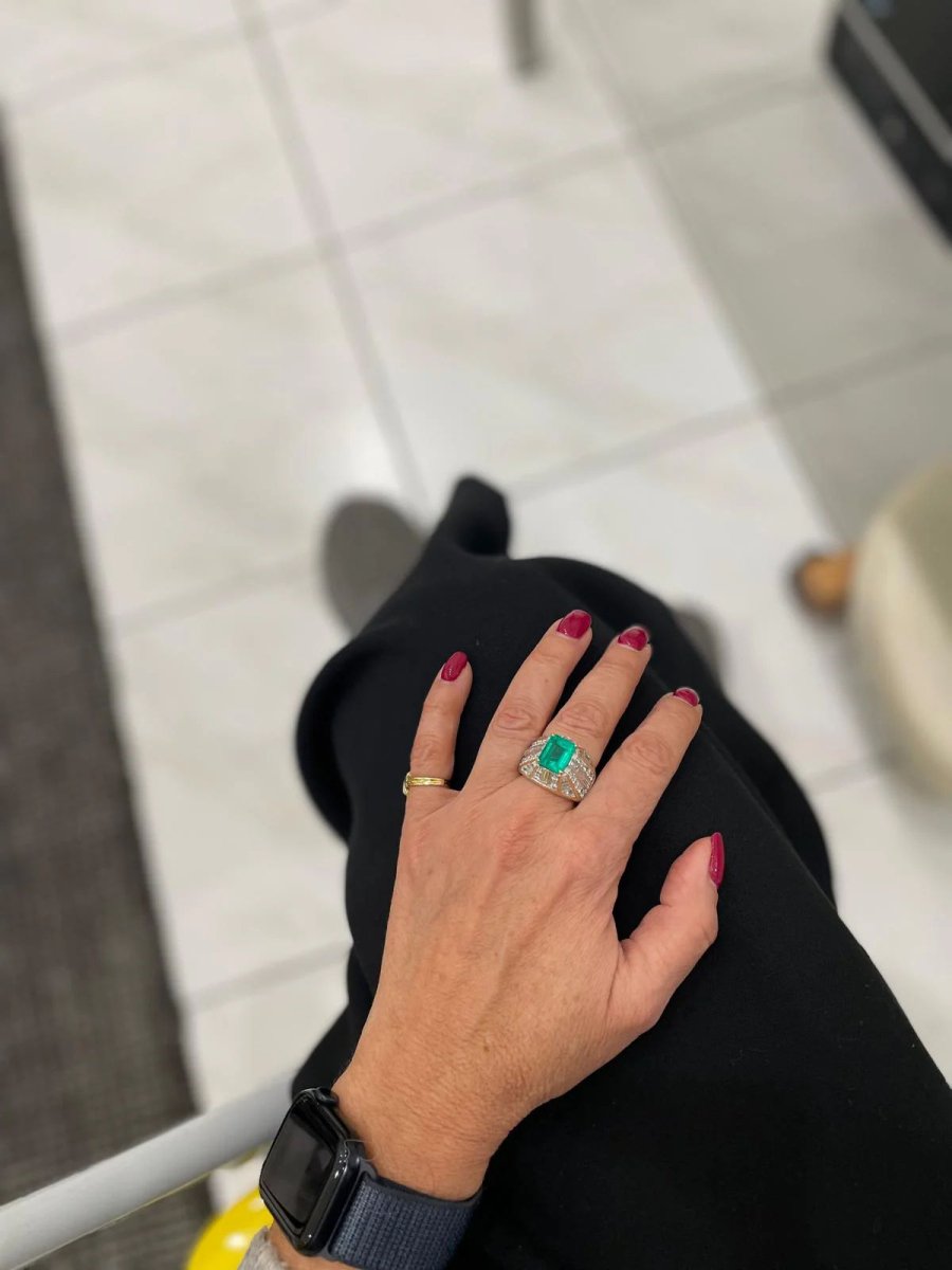 Retro Certified Colombian Emerald Diamond Cocktail Gold Ring - Castafiore