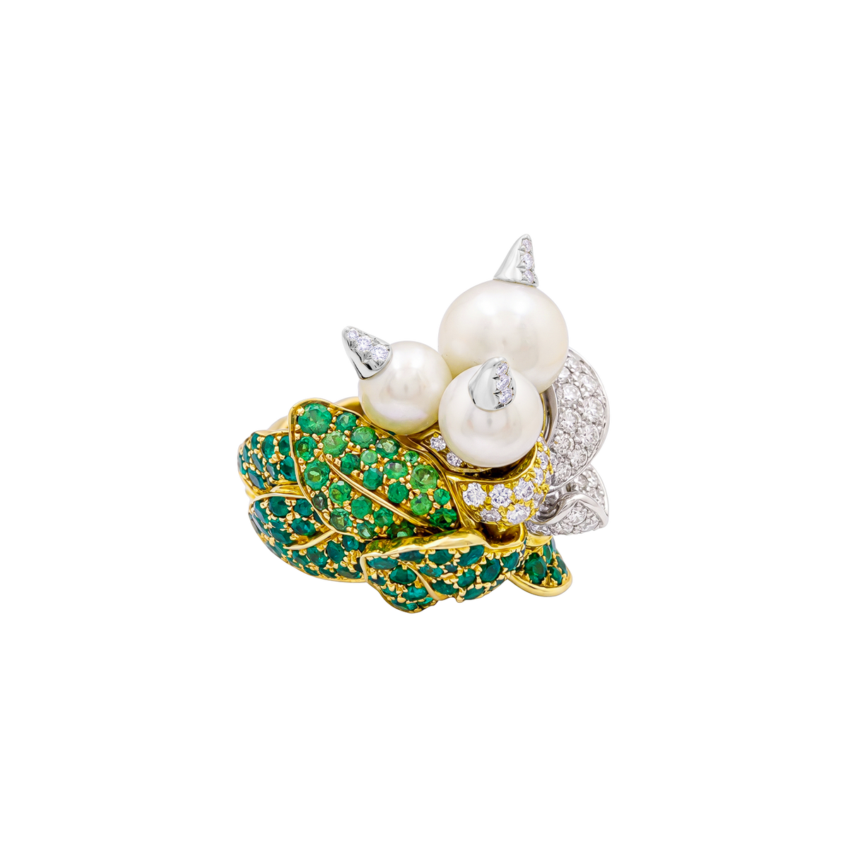 Bague Dior, “Jardins de Milly-la-Forêt”, "Navets", émeraudes, tsavorites, diamants, perles.
