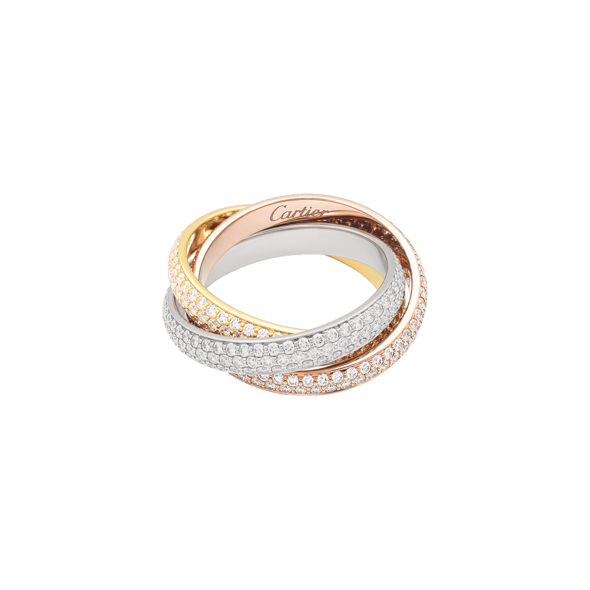 Bague Cartier, « Trinity », trois anneaux trois tons d’or et diamants.