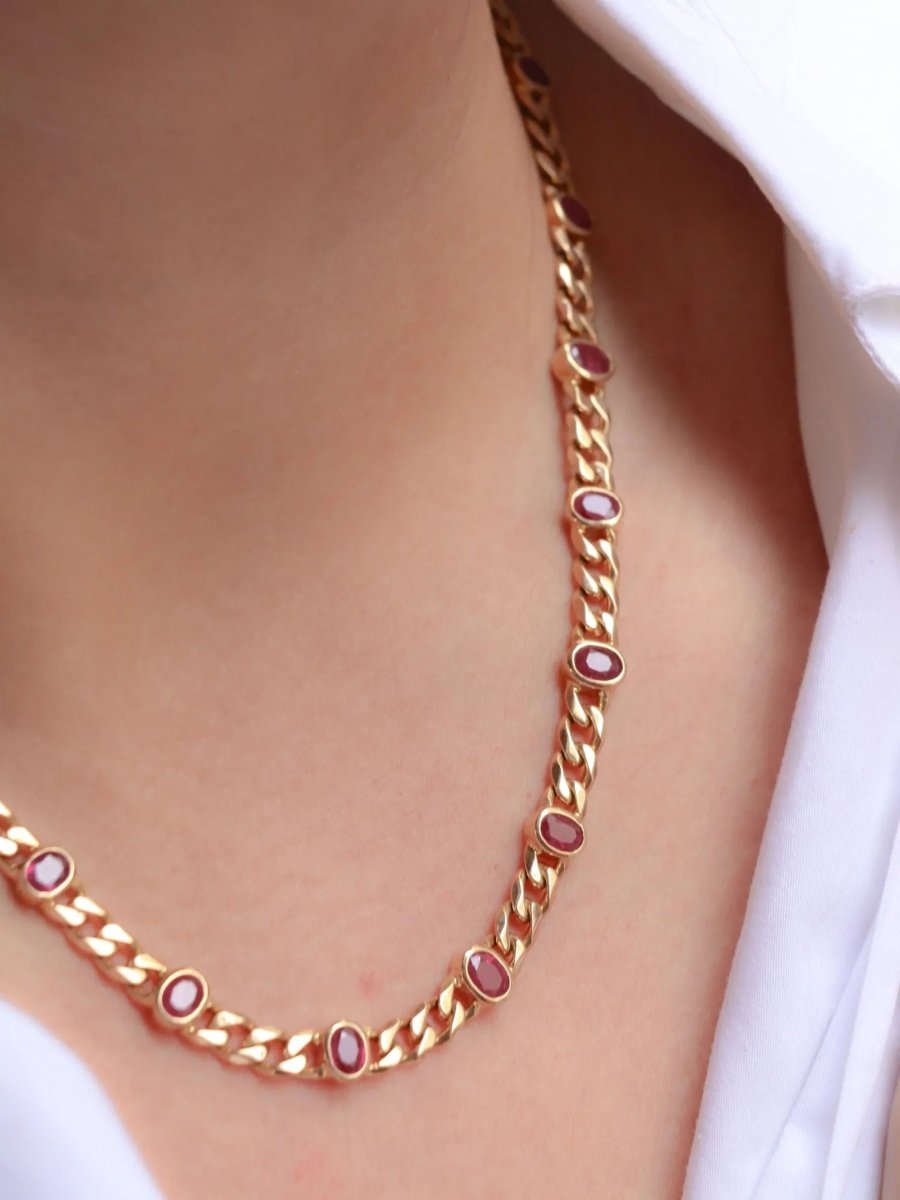 Sautoir à transformation vintage en or jaune et rubis ovales - Castafiore